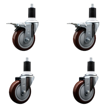 Service Caster 4'' Maroon Poly Swivel 1-1/2'' Expanding Stem Caster Set 2 Total Lock Brakes, 4PK SCC-EXTTL20S414-PPUB-MRN-2-S-2-112